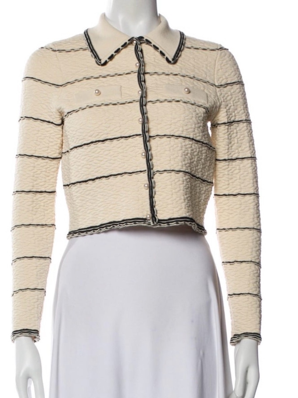 Sandro Cream Tweed Cropped Cardigan with Black Trim and Pearl Buttons